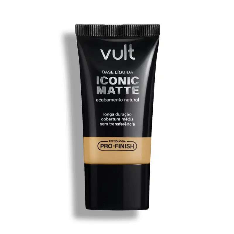 Tubo preto de base líquida Iconic Matte da marca Vult, com acabamento natural e tecnologia Pro-Finish, promovendo longa duração e cobertura média sem transferência.