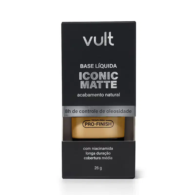 Caixa preta com logotipo Vult contendo base líquida Iconic Matte, com acabamento natural e controle de oleosidade. Produto com tecnologia Pro-Finish e niacinamida, com cobertura média e longa duração.