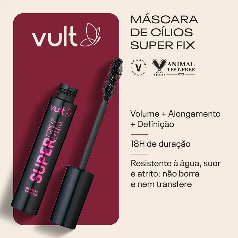 Card da Máscara de Cílios. Ao lado do produto temos os claims: Volume + Alongamento + Definição; 18h de duração; Resistente à água, suor e atrito: não borra e nem transfere. Com os selos: vegano e animal test-free.