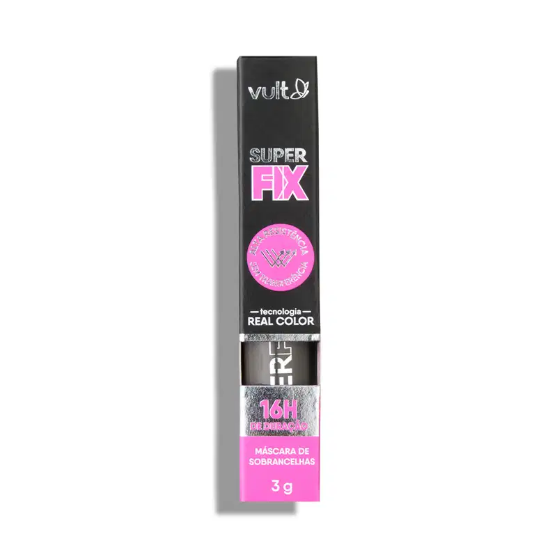 O produto apresentado é uma máscara de sobrancelhas da marca Vult, chamada "Super Fix". A embalagem é uma caixa preta com o logo da marca e o nome do produto em destaque.
