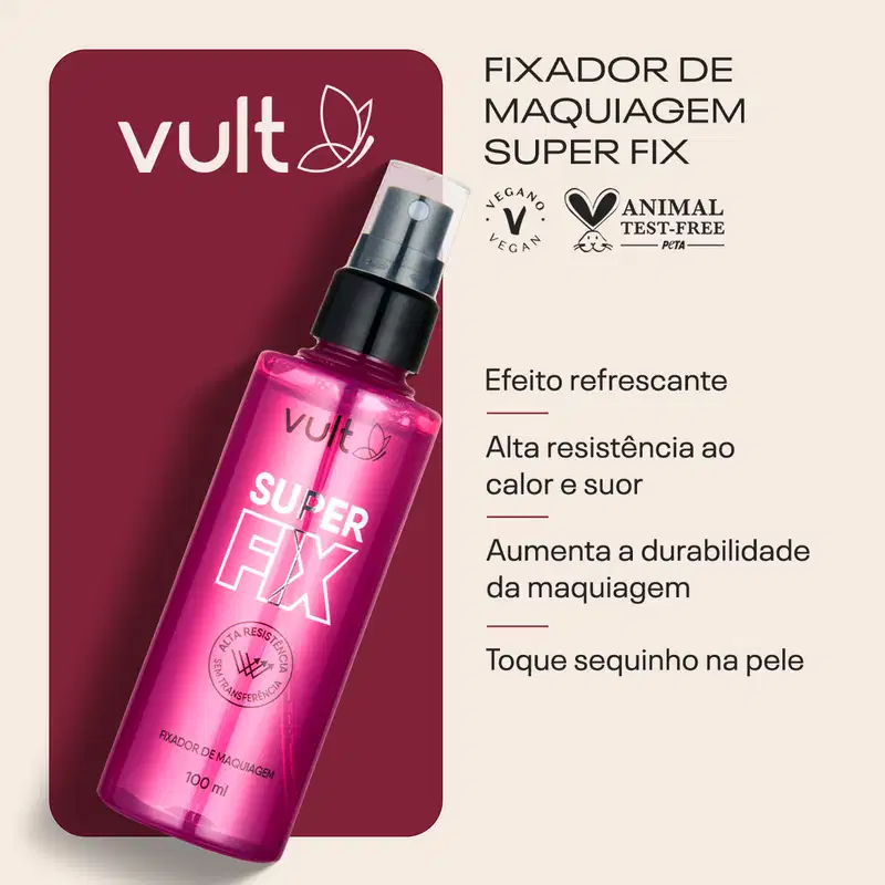 Card do Fixador de Maquiagem. Ao lado da imagem do produto, temos os claims: Efeito refrescante; Alta resistência ao calor e suor; Aumenta a durabilidade da maquiagem; Toque sequinho na pele. Temos os selos: vegano e animal test-free.