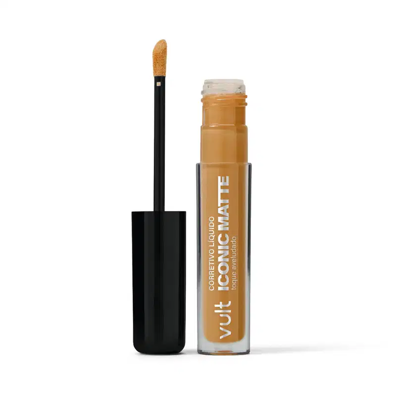 Corretivo Líquido da marca Vult Iconic Matte. Frasco transparente, com aplicador aberto ao lado.
