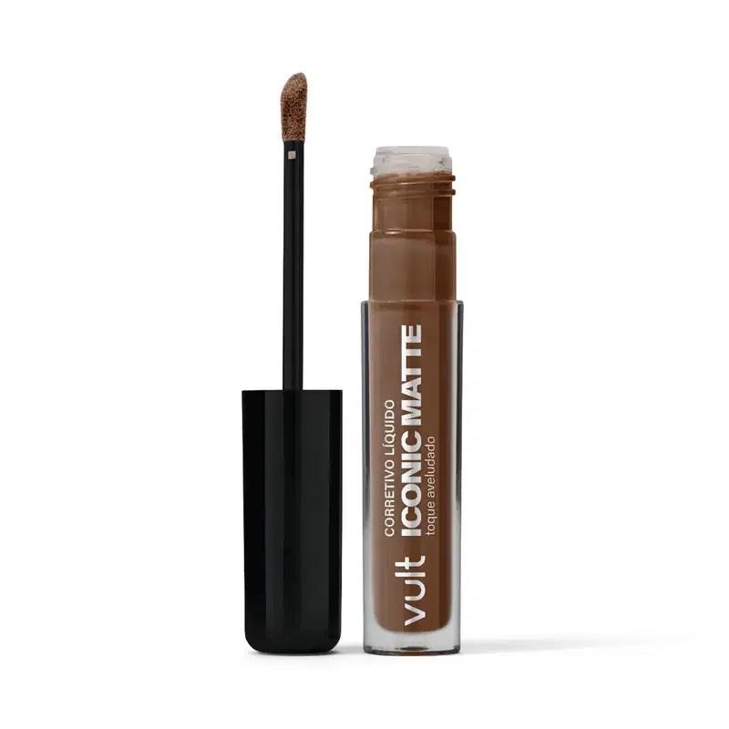 Corretivo Líquido da marca Vult Iconic Matte. Frasco transparente, com aplicador aberto ao lado.
