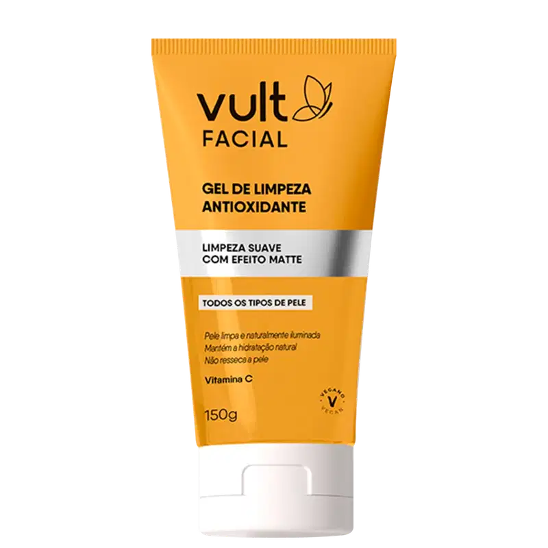 Gel de limpeza facial antioxidante Vult. Embalagem plástica amarela com detalhes em branco. Rótulo com o nome do produto "Gel de Limpeza Antioxidante" e informações adicionais como "Limpeza suave com efeito matte" e "Todos os tipos de pele". Contém 150g.