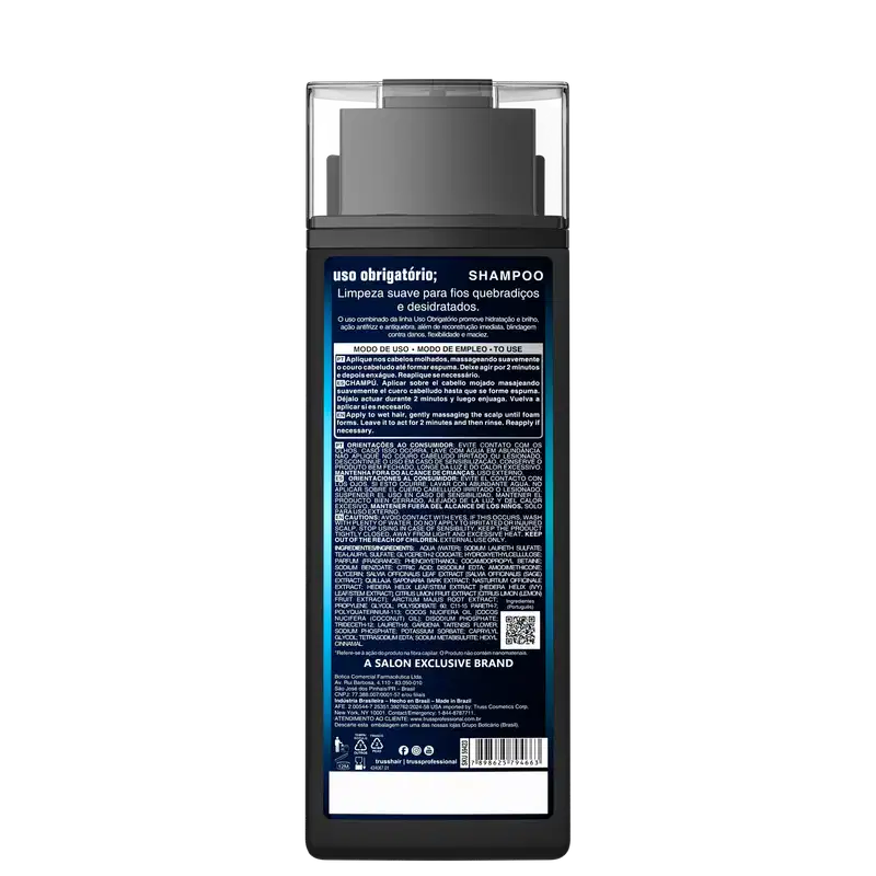 Frasco de shampoo preto e azul da marca Truss, com informações sobre o modo de uso e ingredientes impressos no rótulo.