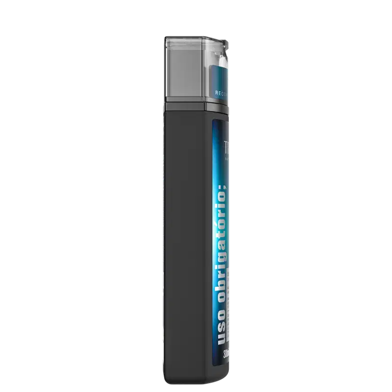 Frasco preto e azul da linha Truss, com rótulo indicando "Uso obrigatório", contendo um produto de beleza com aplicador na parte superior.