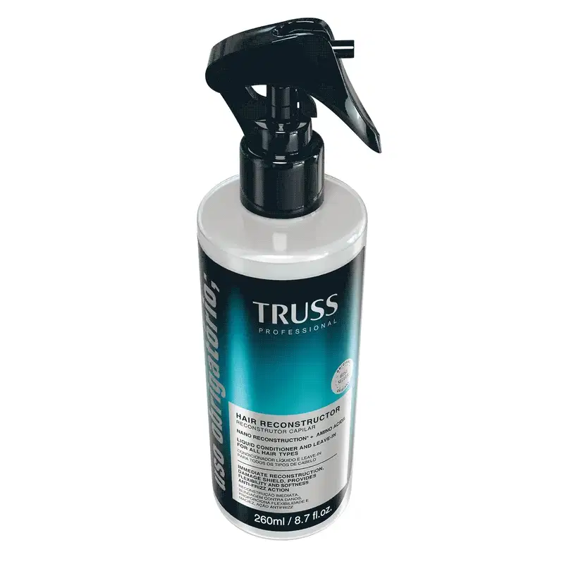 Imagem em gif do TRUSS Uso Obrigatório. O produto é um reconstrutor capilar líquido, com indicação de uso para todos os tipos de cabelo. A embalagem é azul com preto e possui 260ml.