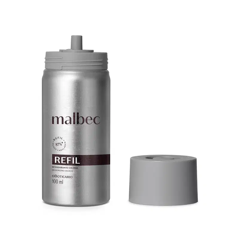 Imagem de um refil de desodorante colônia da marca Malbec em embalagem metálica prateada com rótulo em tom escuro, contendo 100 ml do produto.