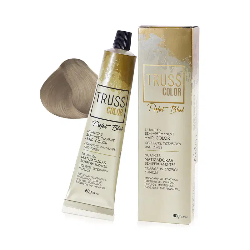 Produto de coloração semi-permanente da marca TRUSS, em embalagem de tubo e caixa de papelão, com rótulos indicando a cor "Perfect Blond" e informações sobre os ingredientes e benefícios do produto.