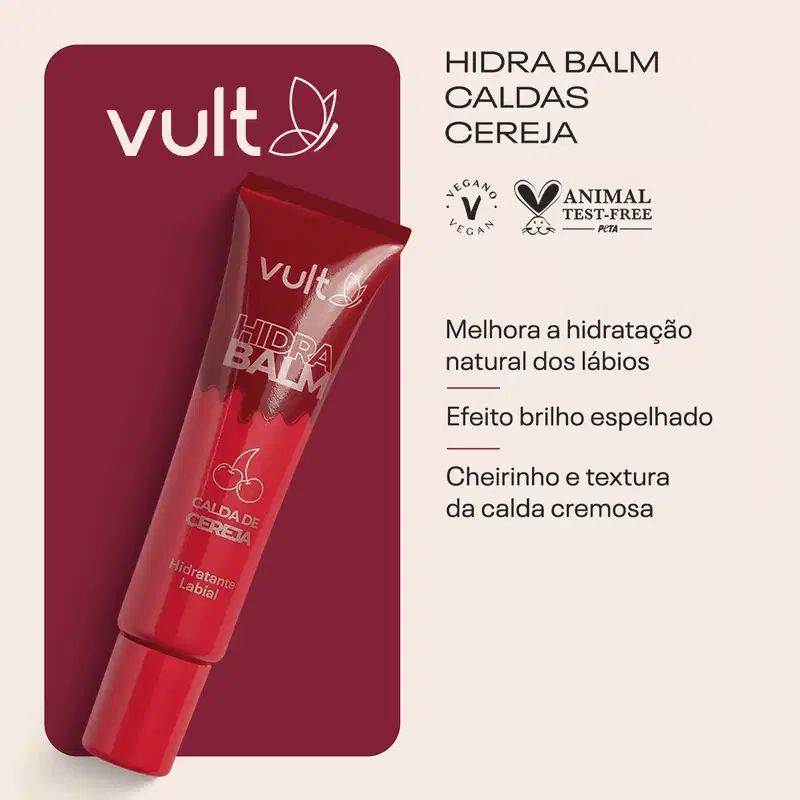 Card do produto com as informações: Hidra balm caldas cereja. Melhora a hidratação natural dos lábios. Efeito brilho espelhado. Cheirinho e textura da calda cremosa.