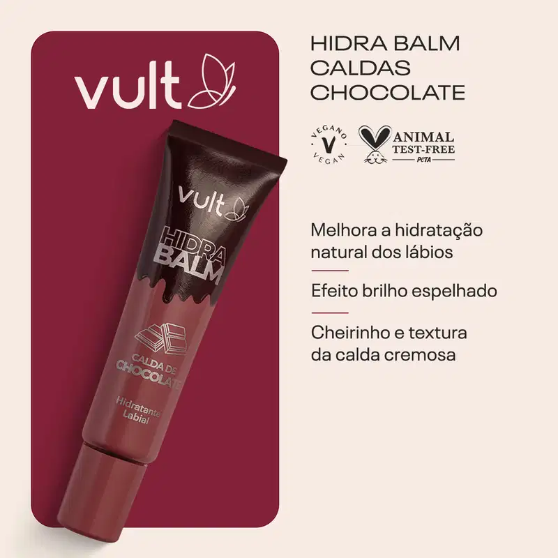 CARD DO PRODUTO COM AS INFORMAÇÕES: HIDRA BALM CALDAS CHOCOLATE
Melhora a hidratação natural dos lábios
Efeito brilho espelhado
Cheirinho e textura da calda cremosa