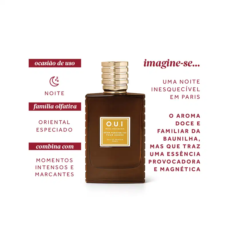 Frasco de item de perfumaria da marca O.U.i, com design elegante em tom marrom e detalhes dourados, e informações sobre o aroma, ocasião de uso, família olfativa.