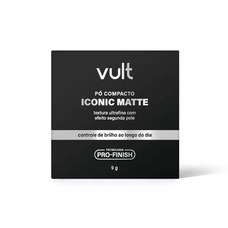 Embalagem preta com texto prata, do Pó compacto Iconic Matte da marca Vult, com textura ultrafina e efeito segunda pele, controle de brilho ao longo do dia e tecnologia Pro-Finish.
