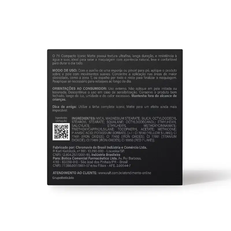 Verso da embalagem preta do pó compacto Vult, contendo informações sobre modo de uso, ingredientes e dados do fabricante.