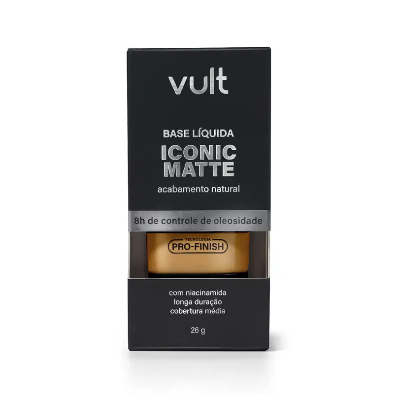 Caixa preta da marca Vult contendo base líquida com acabamento matte, com tecnologia Pro-Finish e niacinamida, oferecendo cobertura média e controle de oleosidade por 8 horas. Embalagem de 26g.