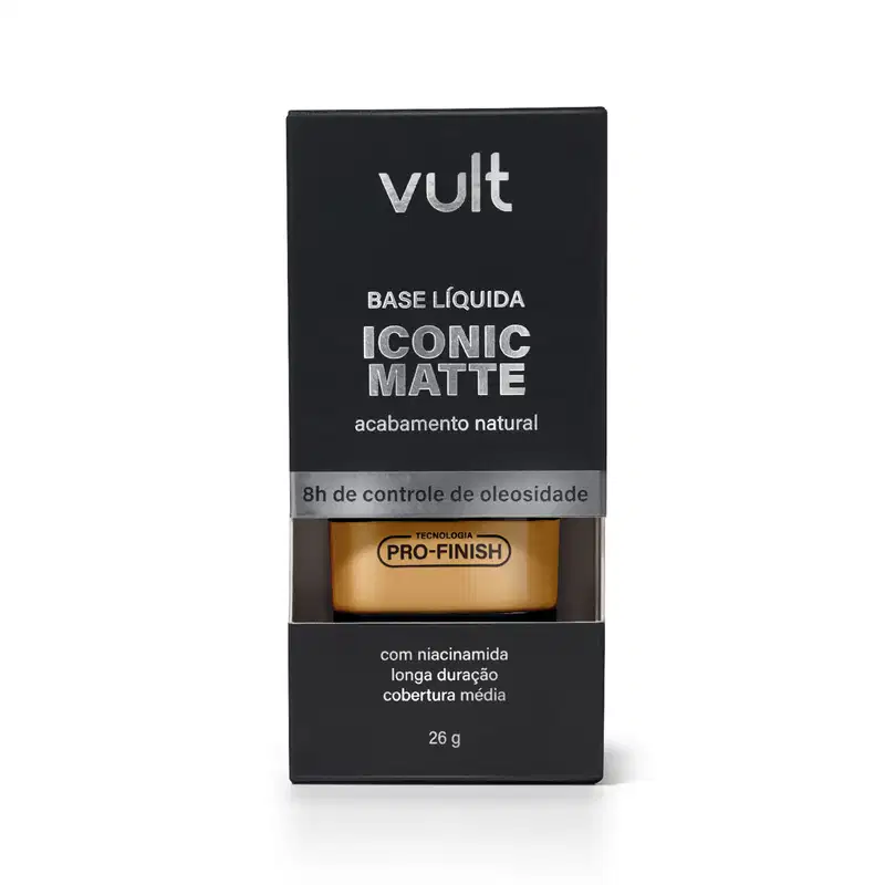 Caixa preta da marca Vult contendo base líquida Iconic Matte com acabamento natural e tecnologia Pro-Finish, com informações sobre o produto em destaque.