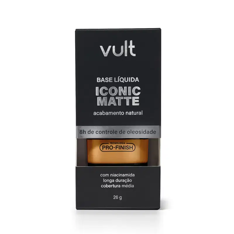 Caixa preta da marca Vult contendo base líquida Iconic Matte com acabamento natural e tecnologia Pro-Finish, com informações sobre o controle de oleosidade e duração da cobertura.