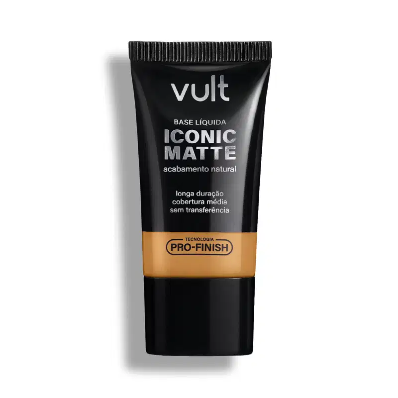 Tubo preto de base líquida Iconic Matte da marca Vult, com acabamento natural e tecnologia Pro-Finish, promovendo longa duração e cobertura média sem transferência.