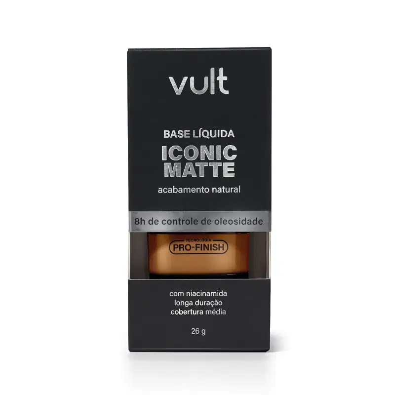 Caixa preta da marca Vult contendo base líquida Iconic Matte com acabamento natural e tecnologia Pro-Finish, com 26g de produto e informações sobre o controle de oleosidade.