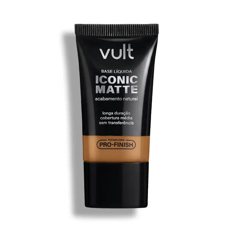 Tubo preto de base líquida Iconic Matte da marca Vult, com acabamento natural e tecnologia Pro-Finish, promovendo longa duração e cobertura média sem transferência.