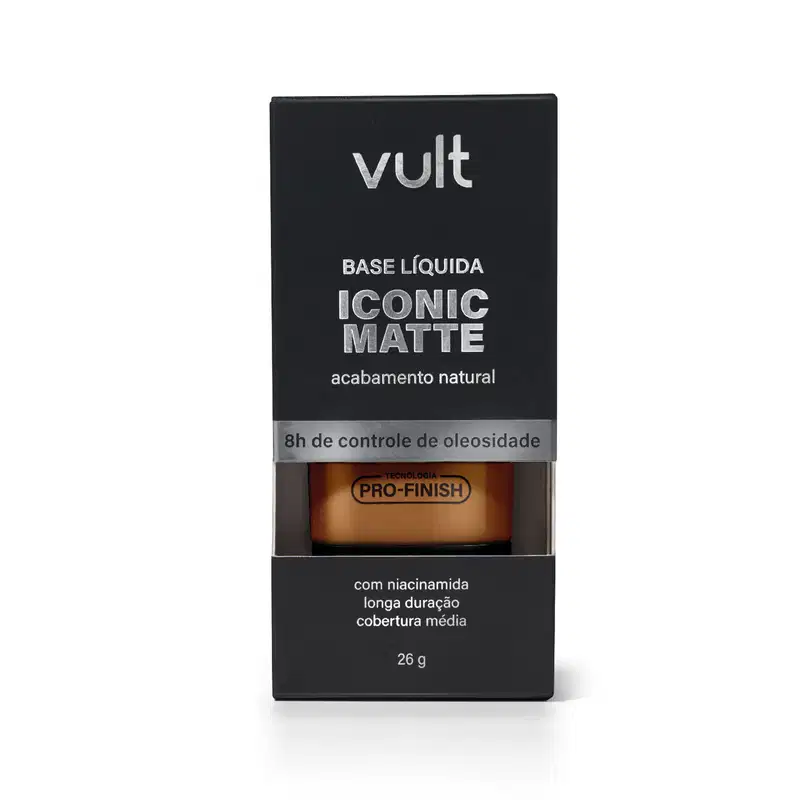 Caixa preta da marca Vult contendo base líquida Iconic Matte com acabamento natural, com informações sobre o produto e sua tecnologia Pro-Finish.