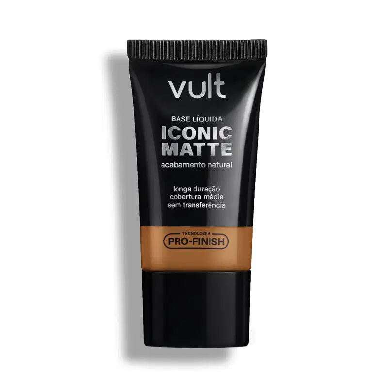 Tubo preto de base líquida Iconic Matte da marca Vult, com acabamento natural e longa duração, sem transferência, com tecnologia Pro-Finish.