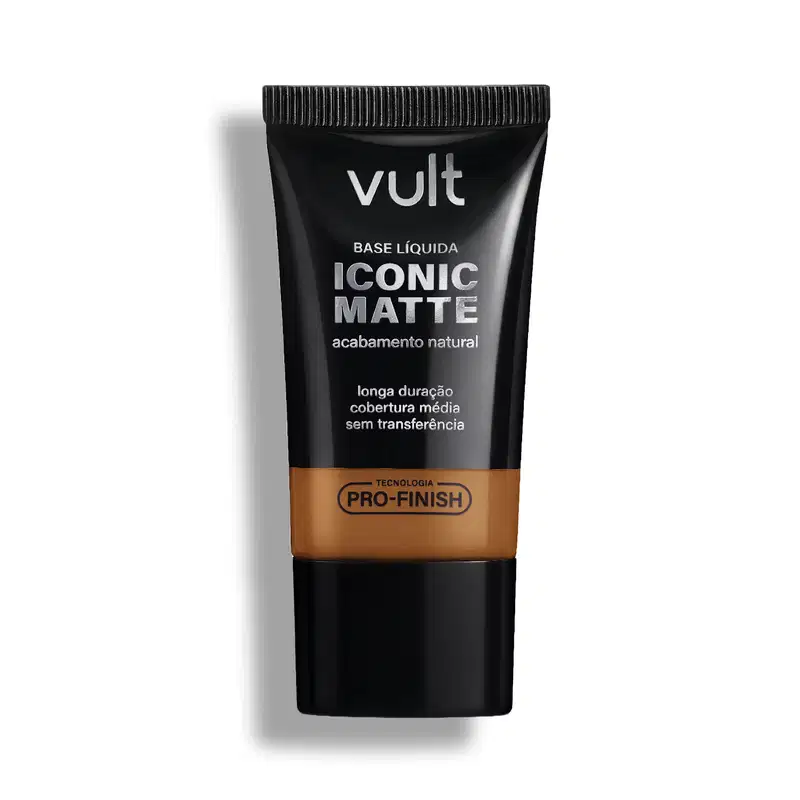 Base líquida Iconic Matte da Vult, em embalagem preta com detalhes em dourado, apresentando tecnologia Pro-Finish para longa duração e cobertura média sem transferência.