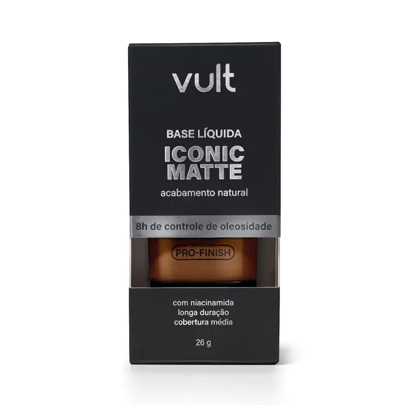 Caixa preta da marca Vult contendo base líquida Iconic Matte com acabamento natural, com 8h de controle de oleosidade e tecnologia Pro-Finish. Informações sobre niacinamida, duração e cobertura média impressas na embalagem.