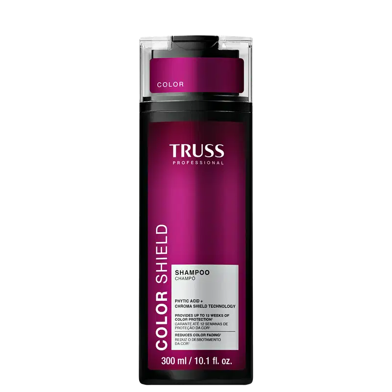 Frasco de item de perfumaria da marca Truss Professional, na cor rosa escuro, com rótulo branco contendo o nome da marca e informações sobre o produto, que parece ser um xampu para proteção da cor.