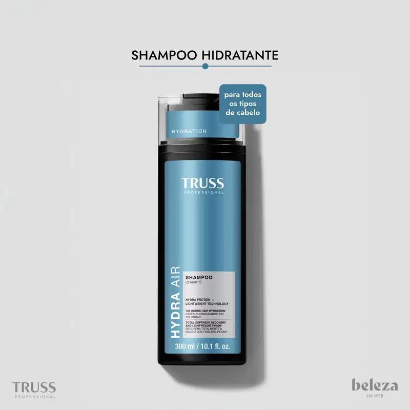 Frasco de shampoo da marca Truss Professional, com embalagem preta e azul, contendo 300 ml do produto. Para todos os tipos de cabelo