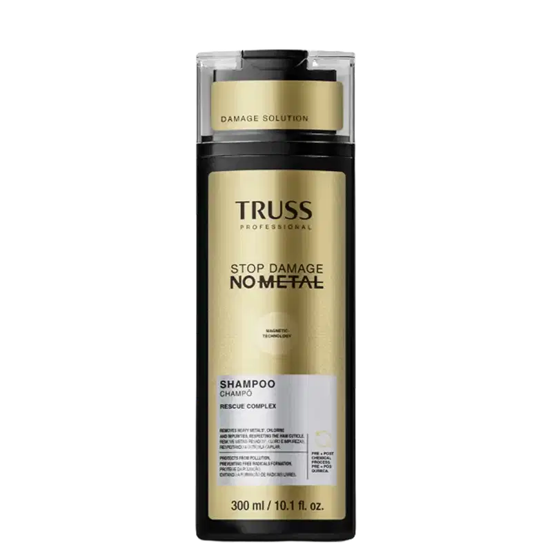 Frasco de shampoo da marca Truss Professional, com rótulo em tons de amarelo e preto, indicando "Stop Damage No Metal" e "Rescue Complex". O produto é apresentado em embalagem plástica transparente com tampa preta.