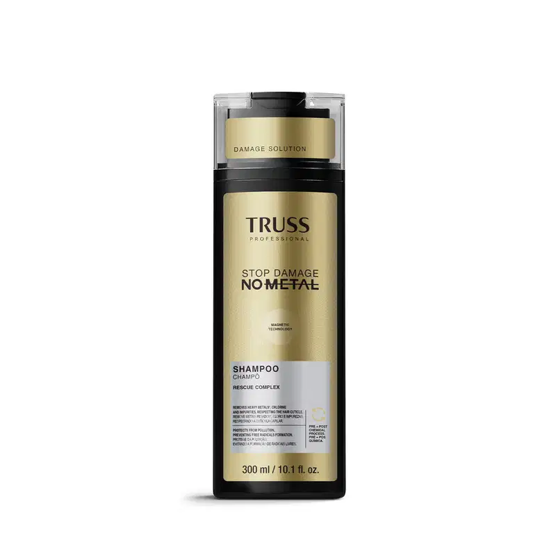 Frasco de shampoo da marca Truss Professional, com design em preto e dourado, contendo a inscrição "Stop Damage No Metal" e "Rescue Complex" na embalagem.