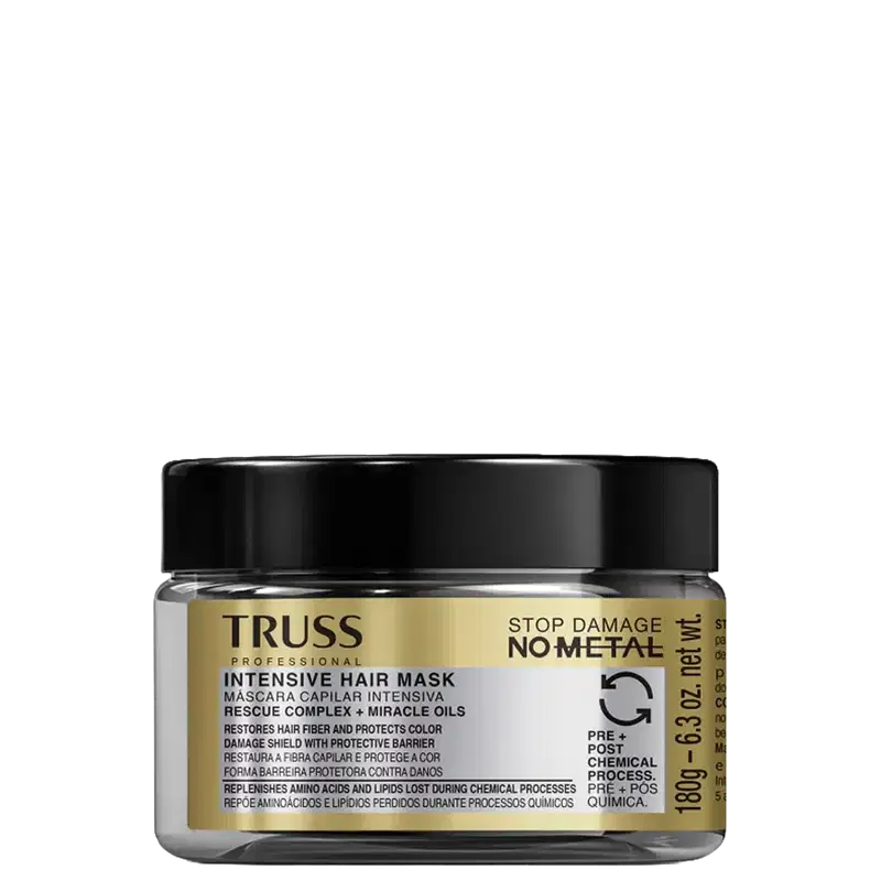 Frasco de máscara capilar intensiva da marca TRUSS Professional, com rótulo em preto e dourado destacando os benefícios de proteção contra danos químicos e restauração da fibra capilar.