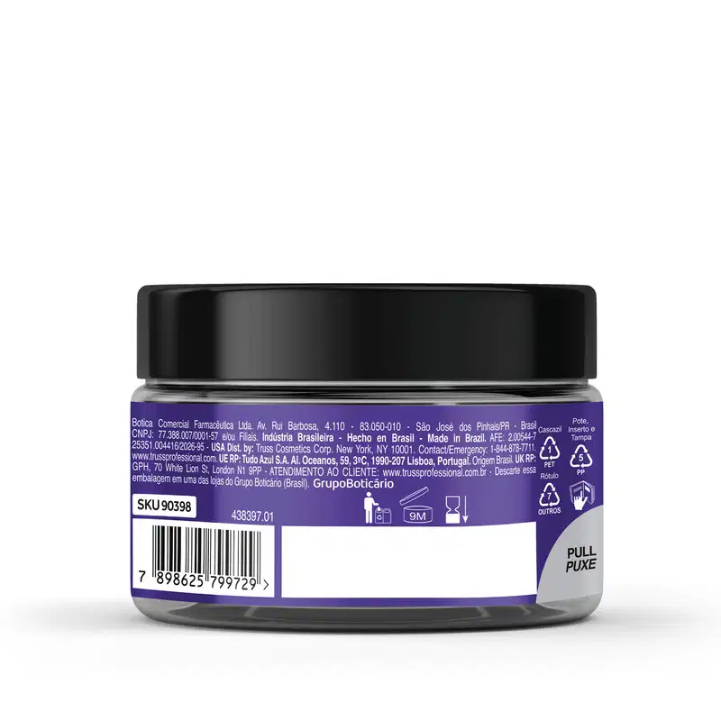 Frasco preto de item de cabelos - Net Mask Blond Revolution - com rótulo roxo e branco, contendo informações sobre marca, produto e instruções de uso.