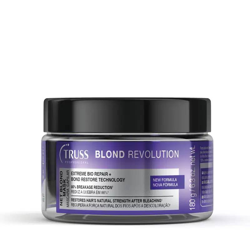 Pote preto de produto Net Mask para cabelos da marca Truss, com rótulo roxo e branco exibindo o nome "Blond Revolution" e informações sobre tecnologia de reparação e redução de quebra.