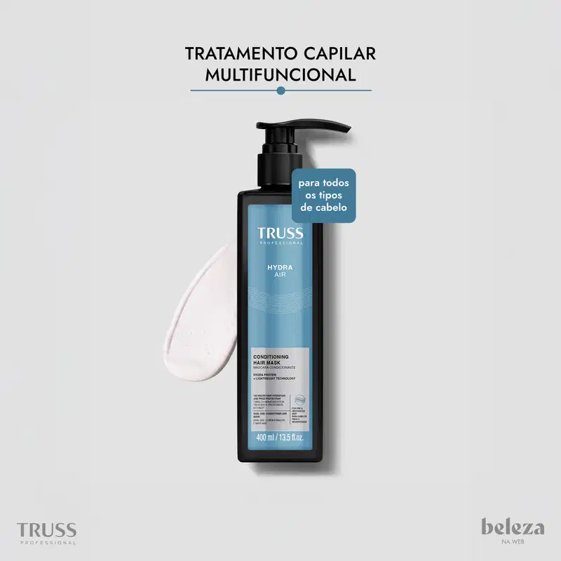 Embalagem preta de produto capilar da marca TRUSS, com texto "HYDRA AIR CONDITIONING HAIR MASK", indicado para todos os tipos de cabelo.
