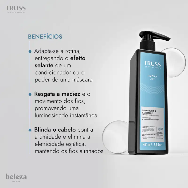 Embalagem preta e azul da marca TRUSS com texto "HYDRA AIR CONDITIONING HAIR MASK" e informações sobre o produto de 400 ml.