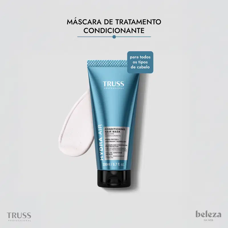 Máscara de tratamento condicionante da marca TRUSS, com tecnologia Hydra Protein+ e proteção contra frizz, para todos os tipos de cabelo, em embalagem de 200ml.