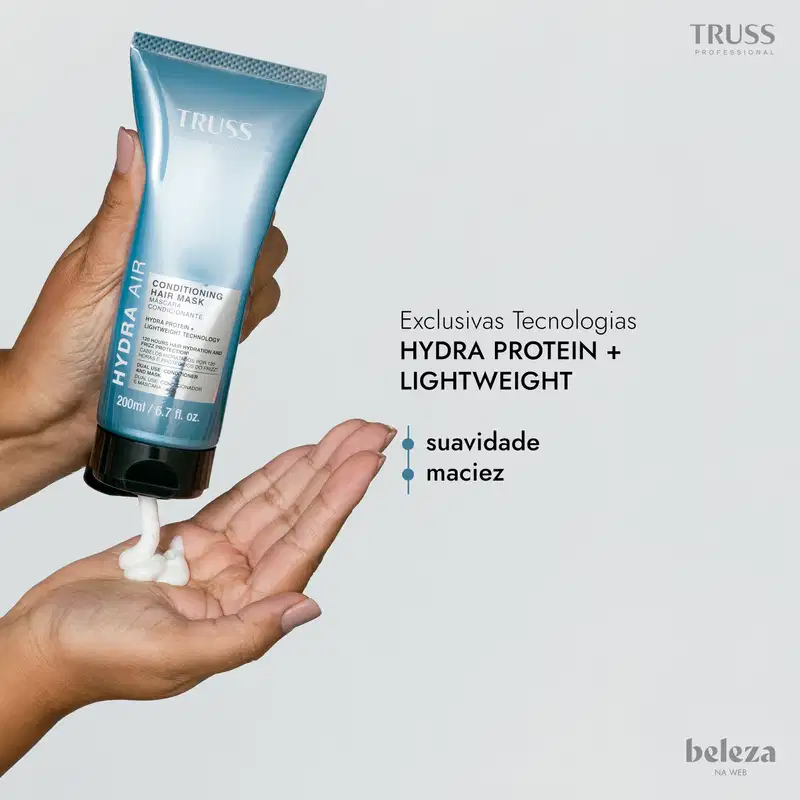 Tubo de máscara condicionante para cabelos da marca TRUSS, com tecnologia Hydra Protein + Lightweight, promovendo suavidade e maciez.