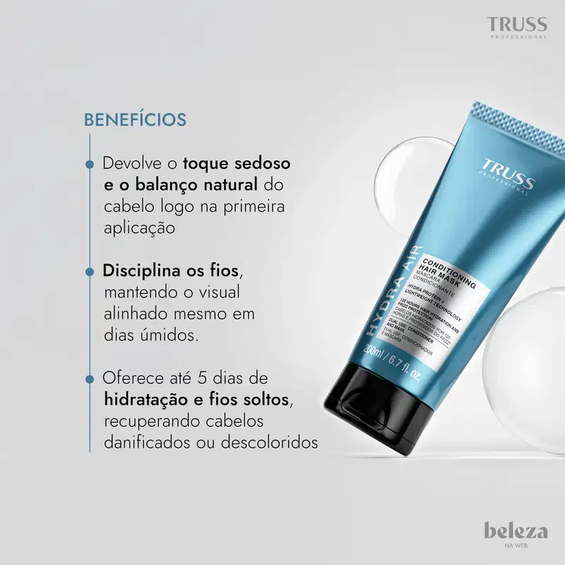 Tubo de máscara condicionadora de cabelo da marca Truss Professional, com embalagem cinza e preta, contendo 200ml do produto. Toque sedoso e o balanço natural do cabelo logo na primeira aplicação; Disciplina os fios.