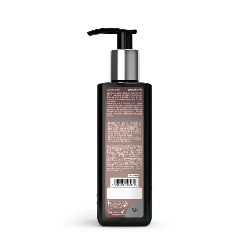 Frasco de produto para cabelos com bomba doseadora, em tons de preto e prata, com rótulo em marrom e branco contendo informações sobre o produto.
