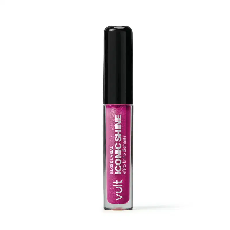 Frasco rosa com tampa preta do Gloss Labial Iconic Shine com texto efeito brilho diamante.
