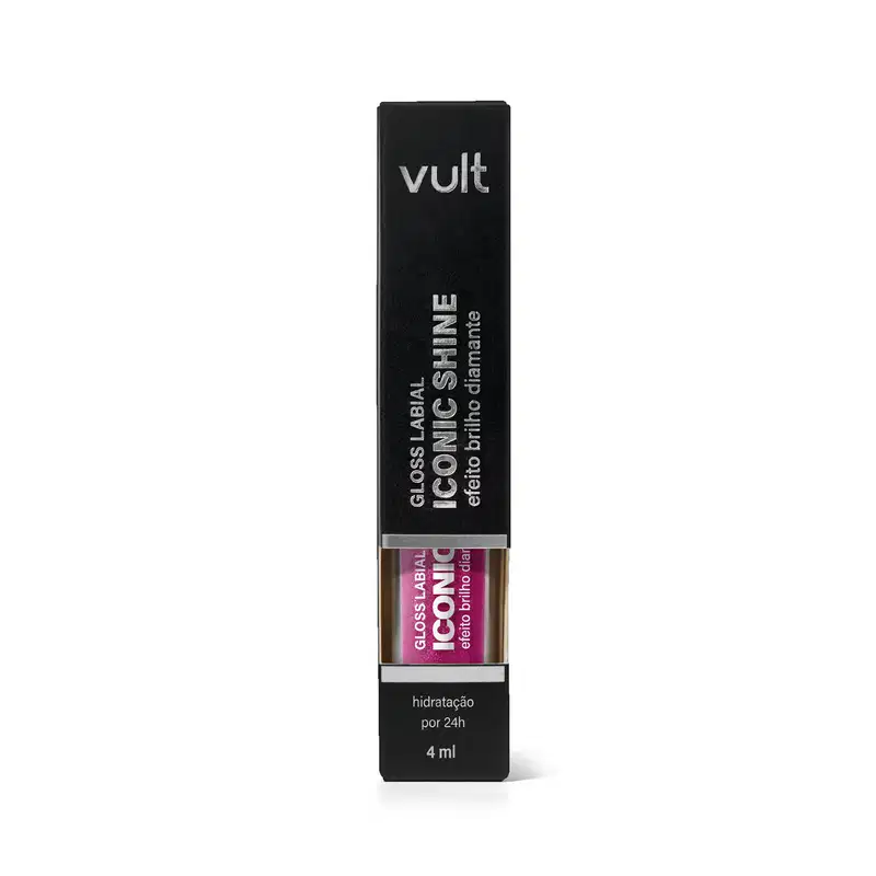 Caixa preta com logotipo da marca Vult, contendo frasco de gloss com rótulo em destaque.
