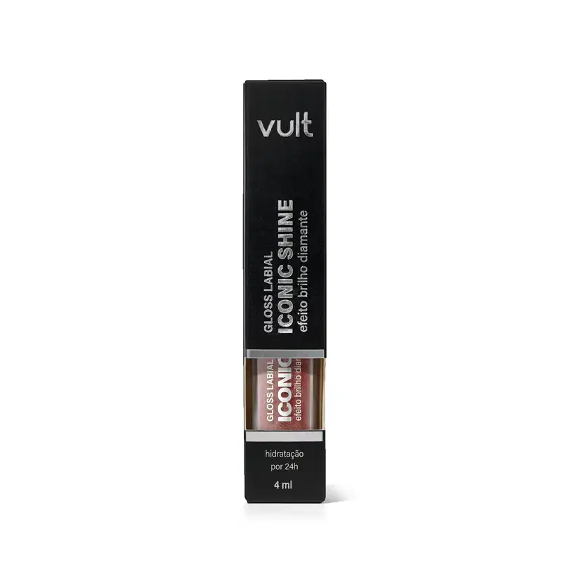 Caixa preta com logotipo Vult contendo gloss labial da linha Iconic Shine, com 4 ml de volume, apresentando hidratação por 24 horas.