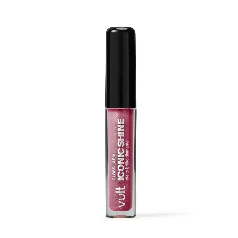 Frasco de gloss labial Vult Iconic Shine de cor rosa brilhante, com rótulo preto destacando o nome da marca e do produto.