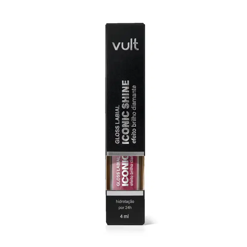 Caixa preta com logotipo "Vult" contendo um frasco de vidro com produto cosmético "Gloss Labial Iconic Shine" em embalagem preta e cinza, com informações sobre o produto.