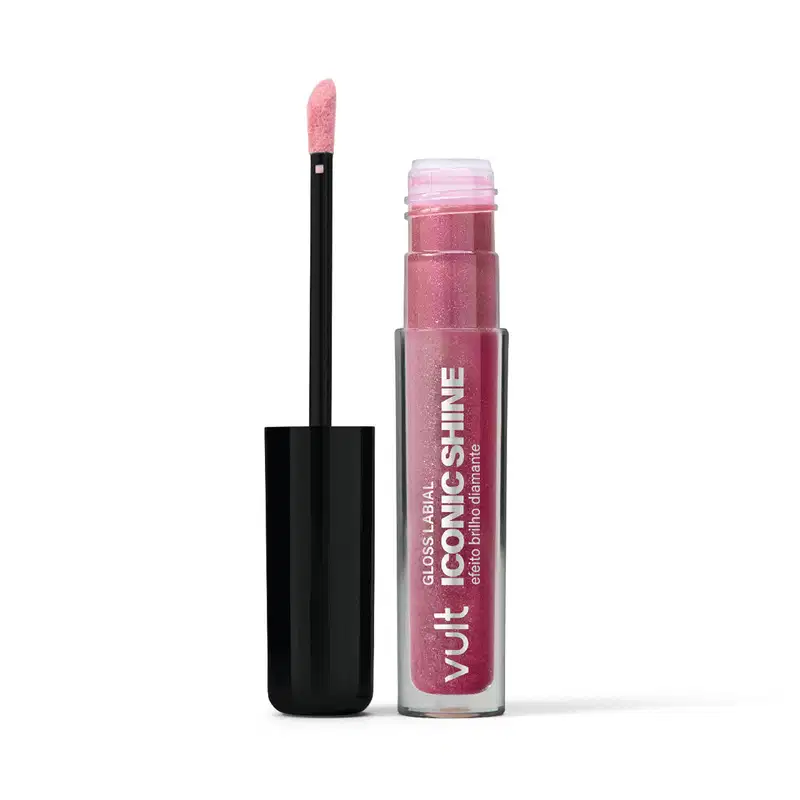 Produto de beleza Vult Iconic Shine, um brilho labial em embalagem plástica rosa com aplicador. O rótulo apresenta o nome do produto e a marca Vult em destaque.