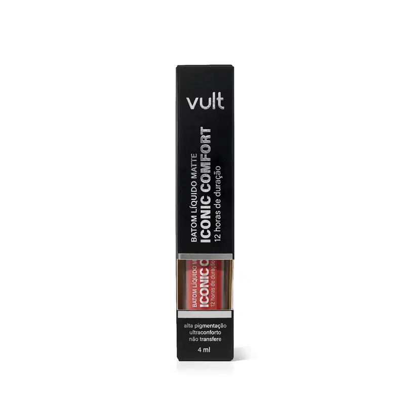 Caixa preta com logotipo Vult contendo produto de maquiagem líquido de alta pigmentação e conforto, com rótulo indicando "Batom Líquido Matte Iconic Comfort" em 12 horas de duração, com volume de 4 ml.