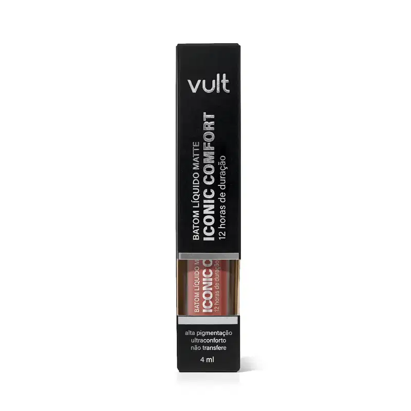Caixa preta com logotipo Vult contendo produto de maquiagem líquido com 12 horas de duração, com rótulo indicando alta pigmentação e ultraconforto, sem transferência, com volume de 4 ml.