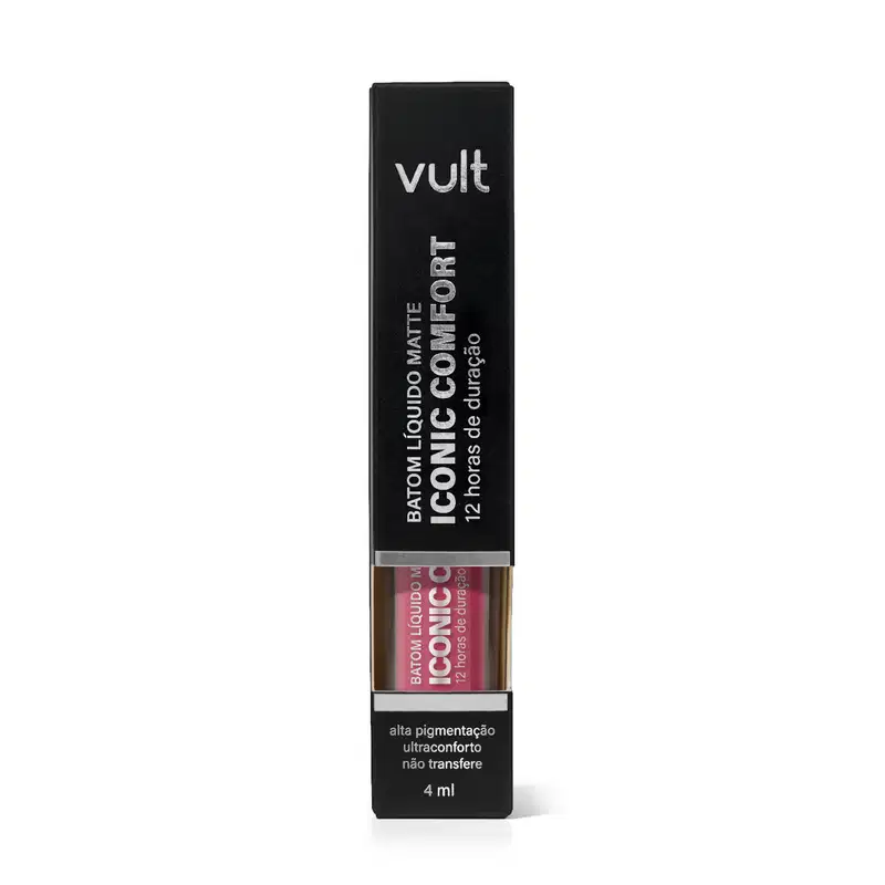 Caixa preta com rótulo da marca Vult contendo produto de maquiagem líquido com 4 ml de volume. Rótulo indica ser um produto de alta pigmentação e ultraconforto, com a denominação "Batom Líquido Matte Iconic Comfort".